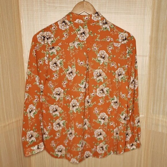 Pleione Women’s Orange Floral Long Sleeve Blouse Medium - Picture 2 of 7